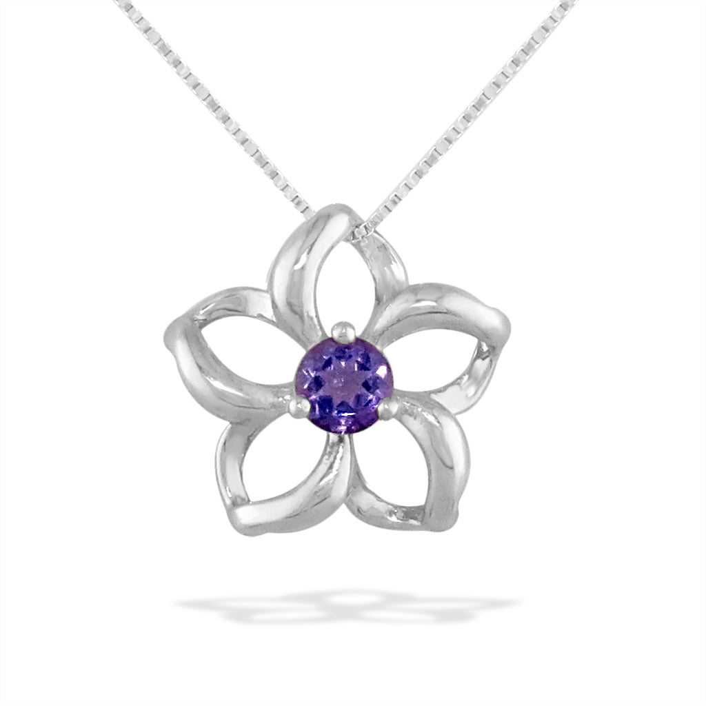 Delicate plumeria pendant with hollow petals in white gold and center amethyst gemstone. Item No. 40049