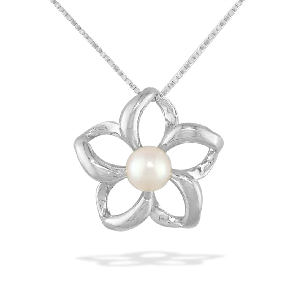 Minimalist floating plumeria charm crafted in gold, centered with a classic round pearl. Item No. 40059