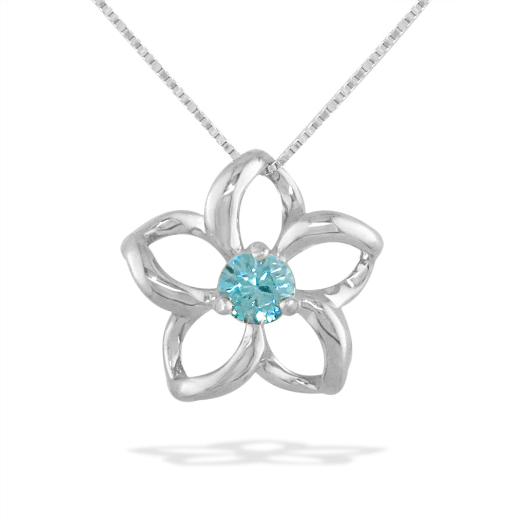 White gold pendant with open style petals resembling a floating plumeria with a blue zircon center stone. Item No. 40068