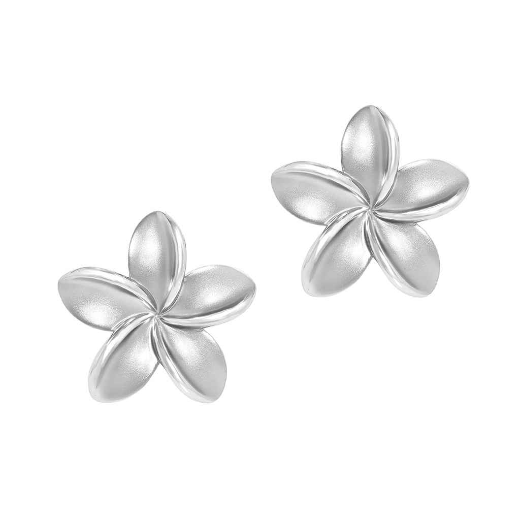 Plumeria stud earrings with five sterling silver matte finished petals & polished inner edges. Item No. 40116