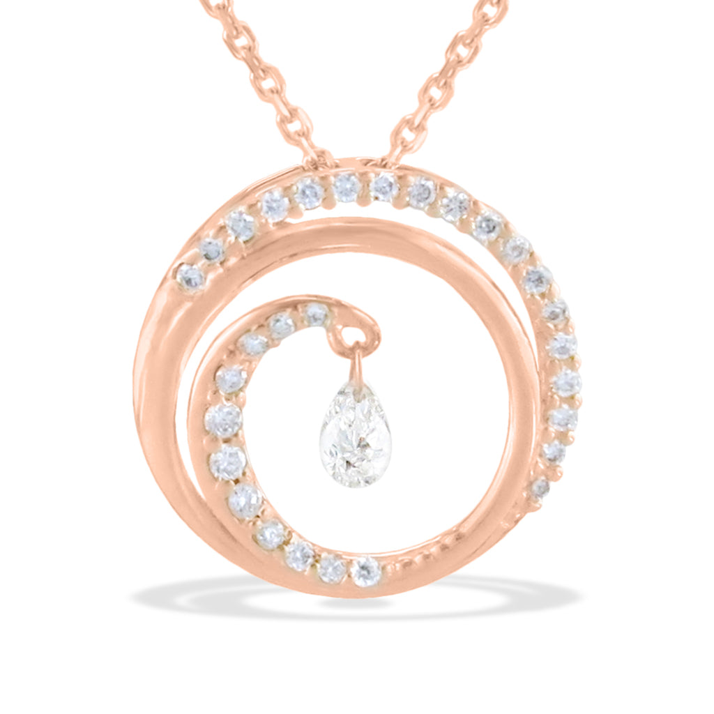 Rose gold wave pendant with delicate diamond-studded swirl and a single pear-shaped shimmer diamond charm. Item No. 40156