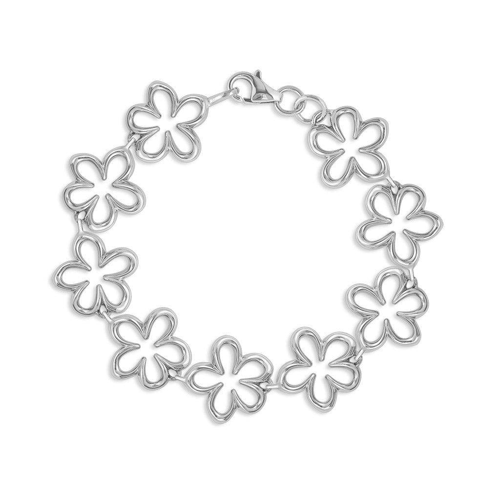 Floating plumeria link bracelet with open petal Hawaiian flower design made in sterling silver. Item No. 40182