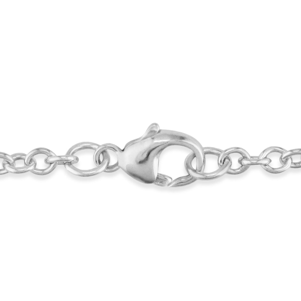 Focused shot of the sterling silver lobster clasp and chain of the plumeria charm bracelet. Item No. 40186