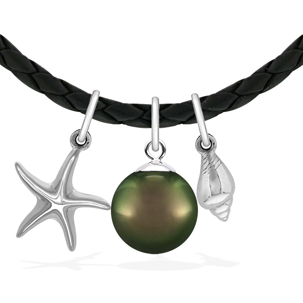 Sterling silver star & shell charms hang on a black braided leather cord necklace with a 11mm tahitian pearl. Item No. 40193