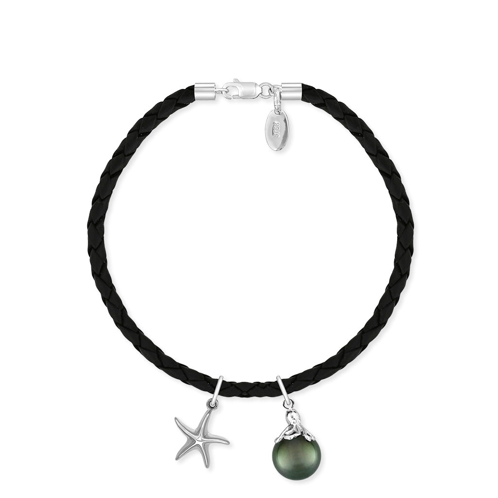 Sterling silver starfish & octopus charm on top a 9mm tahitian pearl dangle on a black braided leather cord. Item No. 40196