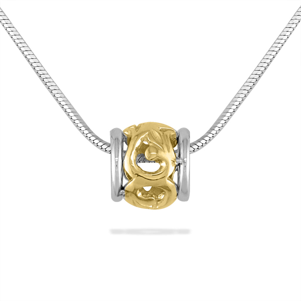 Front view of a Nalani puka pendant crafted in 14K yellow gold and sterling silver on an 18-inch silver chain. Item No. 40203