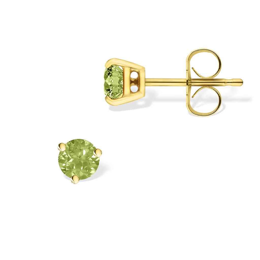 Yellow gold stud earrings featuring round peridot gemstones secured in 3-prong settings with secure backings. Item No. 40252