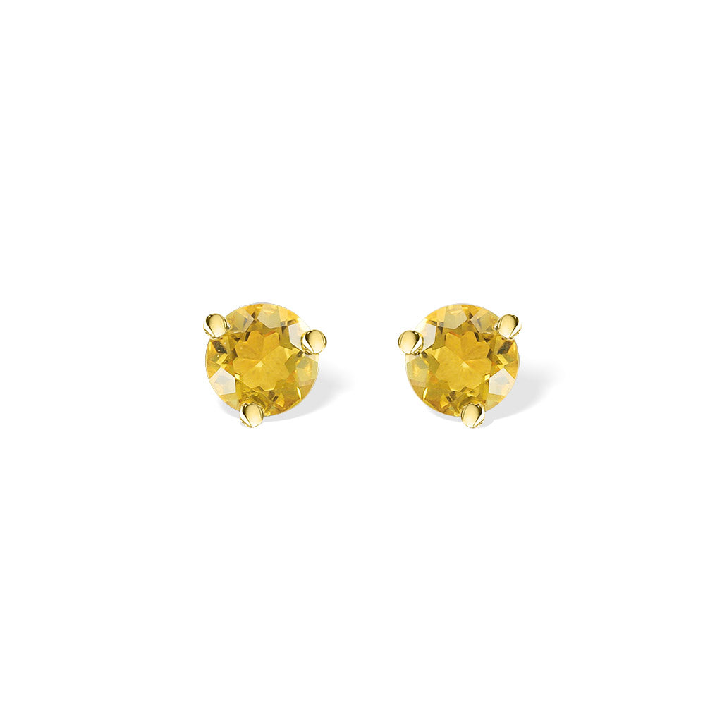 Round yellow gold stud earrings featuring faceted citrine gemstones in four-prong settings. Item No. 40256