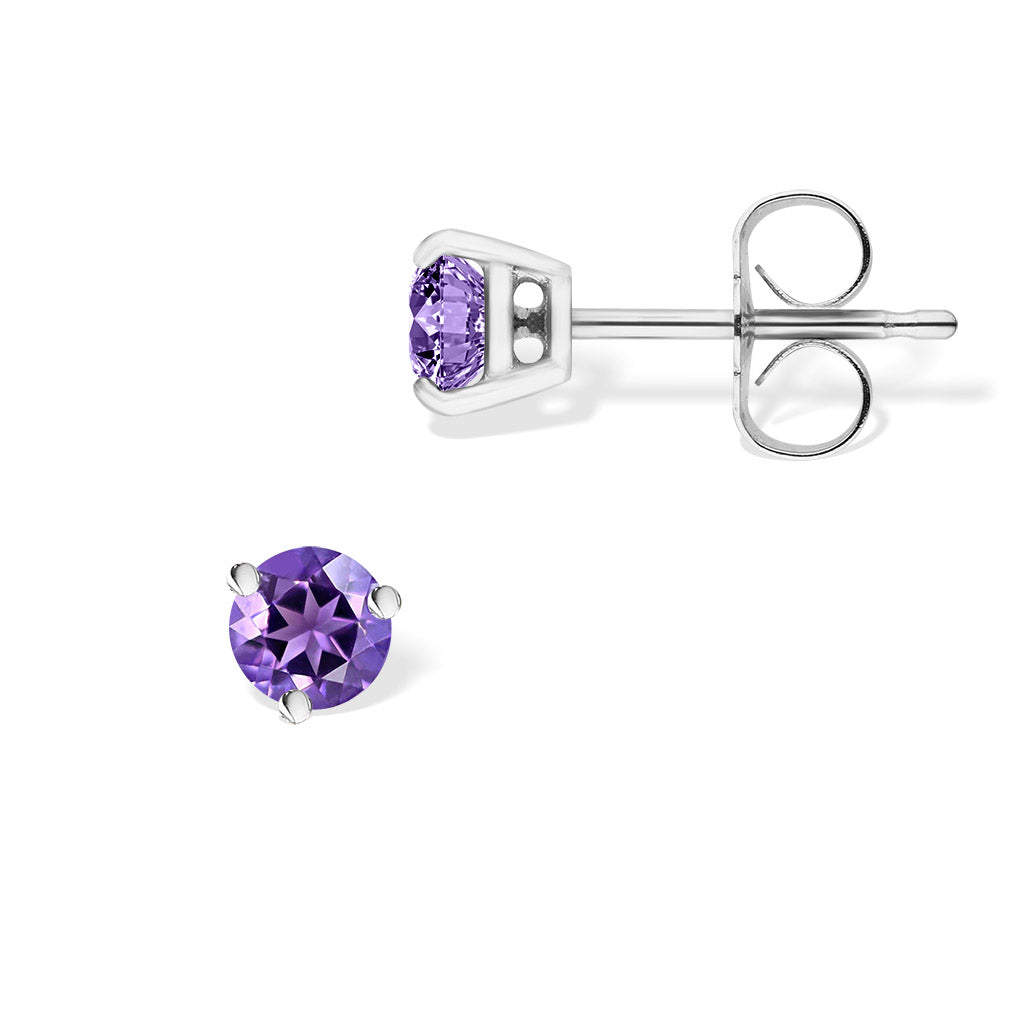 Side view of amethyst studs showcasing the open gallery and polished white gold setting. Item No. 40260