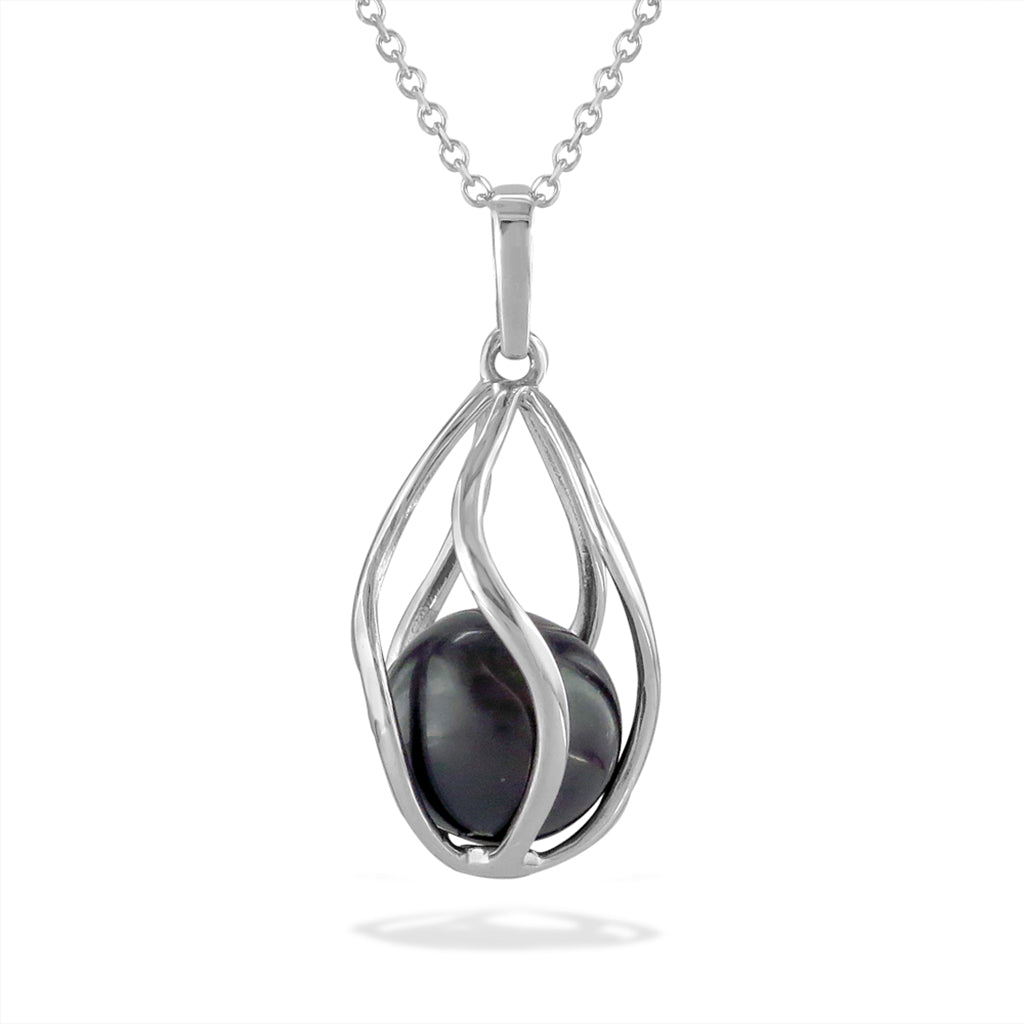 Round 10mm tahitian pearl cradled in a 14k white gold flowing open-frame design, hanging elegantly from chain. Item No. 40282