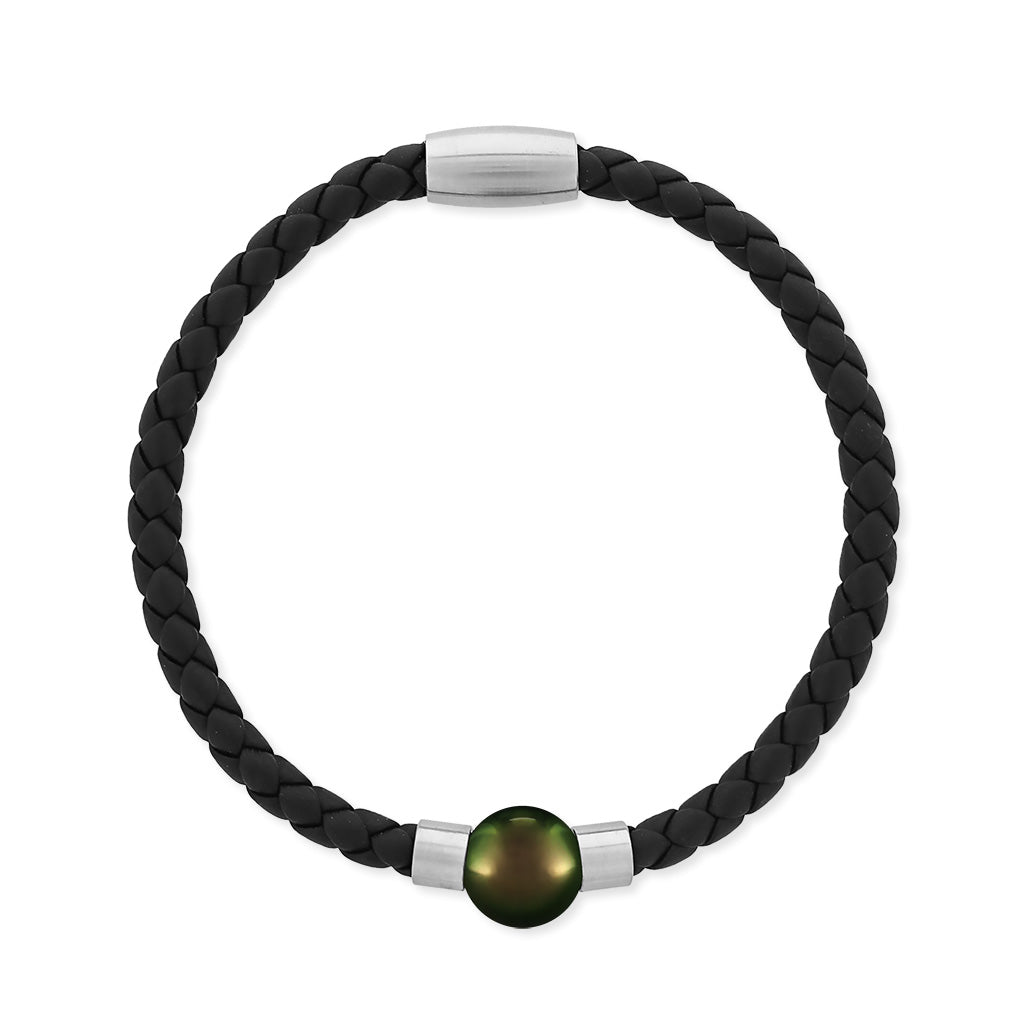 Black braided leather cord bracelet accented with an 11mm tahitian pearl and stainless steel magnetic clasp. Item No. 40283