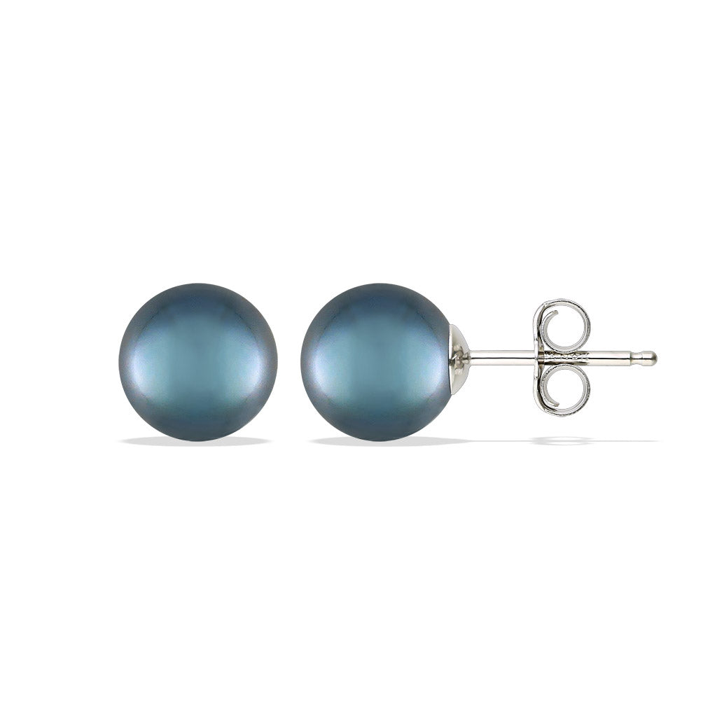 Blue akoya 8mm pearls with one side at an angle to show the 14k white gold post and backing. Item No. 40326