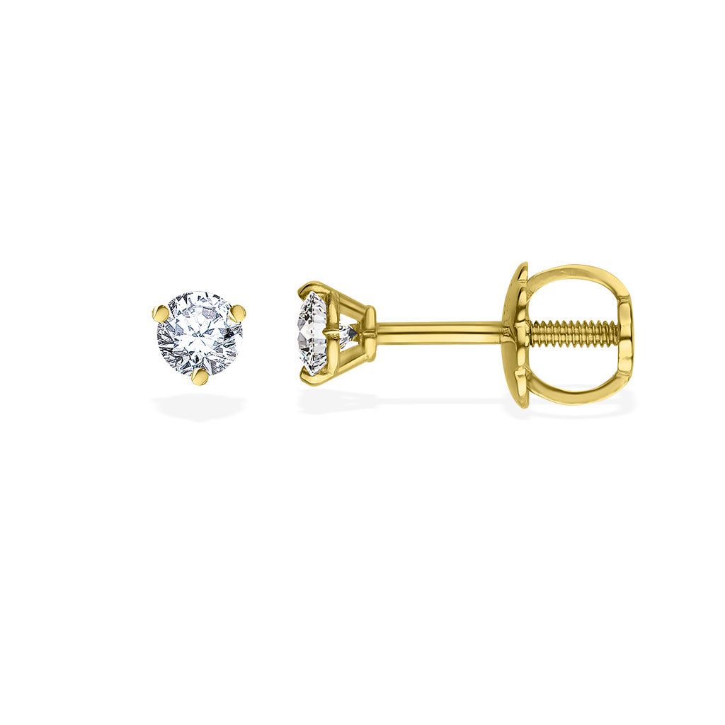 Yellow gold children’s diamond stud earrings with threaded posts and screw-back closures for added security. Item No. 40399