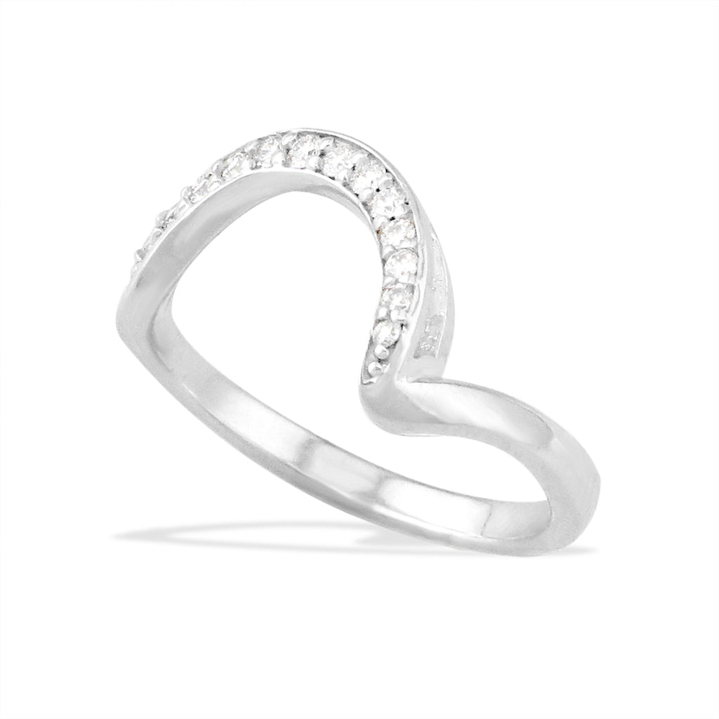 White gold wave-shaped band ring with pavé-set diamonds along the curve. Made for stacking or a matching set. Item No. 40461