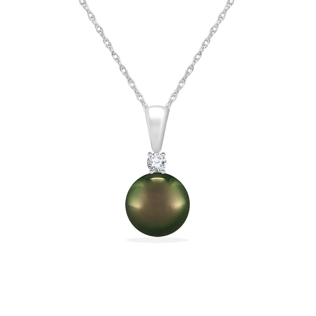 Elegant tahitian pearl drop pendant in 14k white gold with a sparkling diamond accent. Item No. 17454