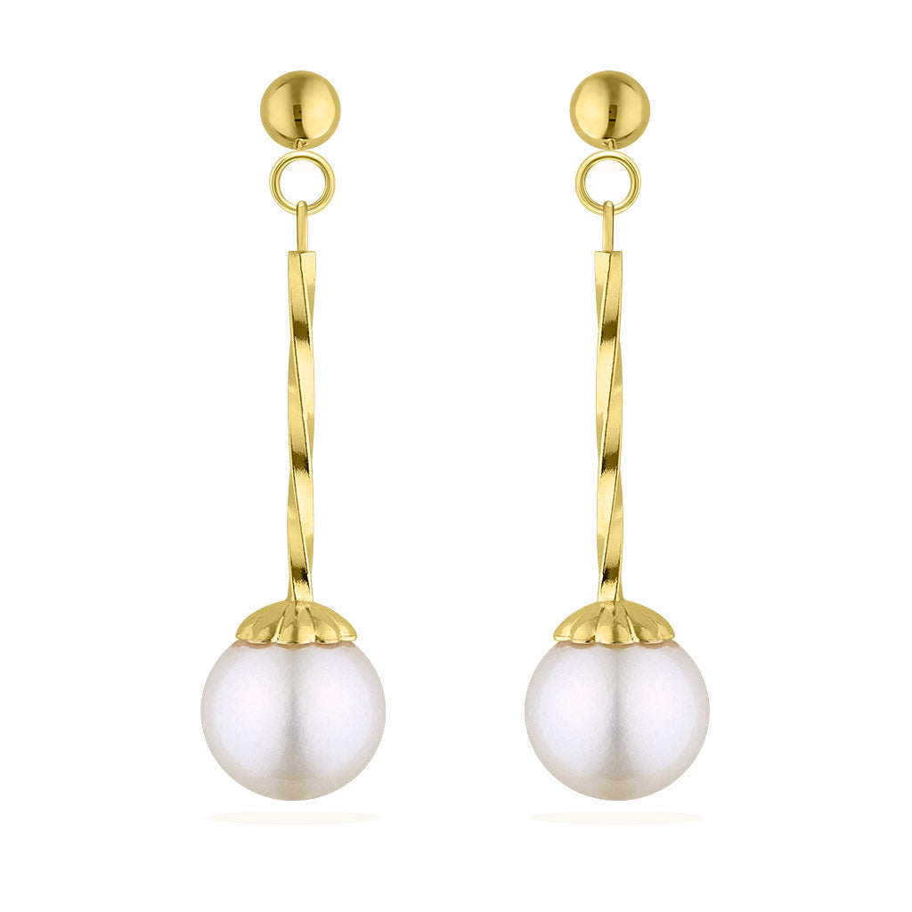 Yellow gold twisted dangle earrings with white akoya pearls and elongated drop silhouette. Item No. 17652