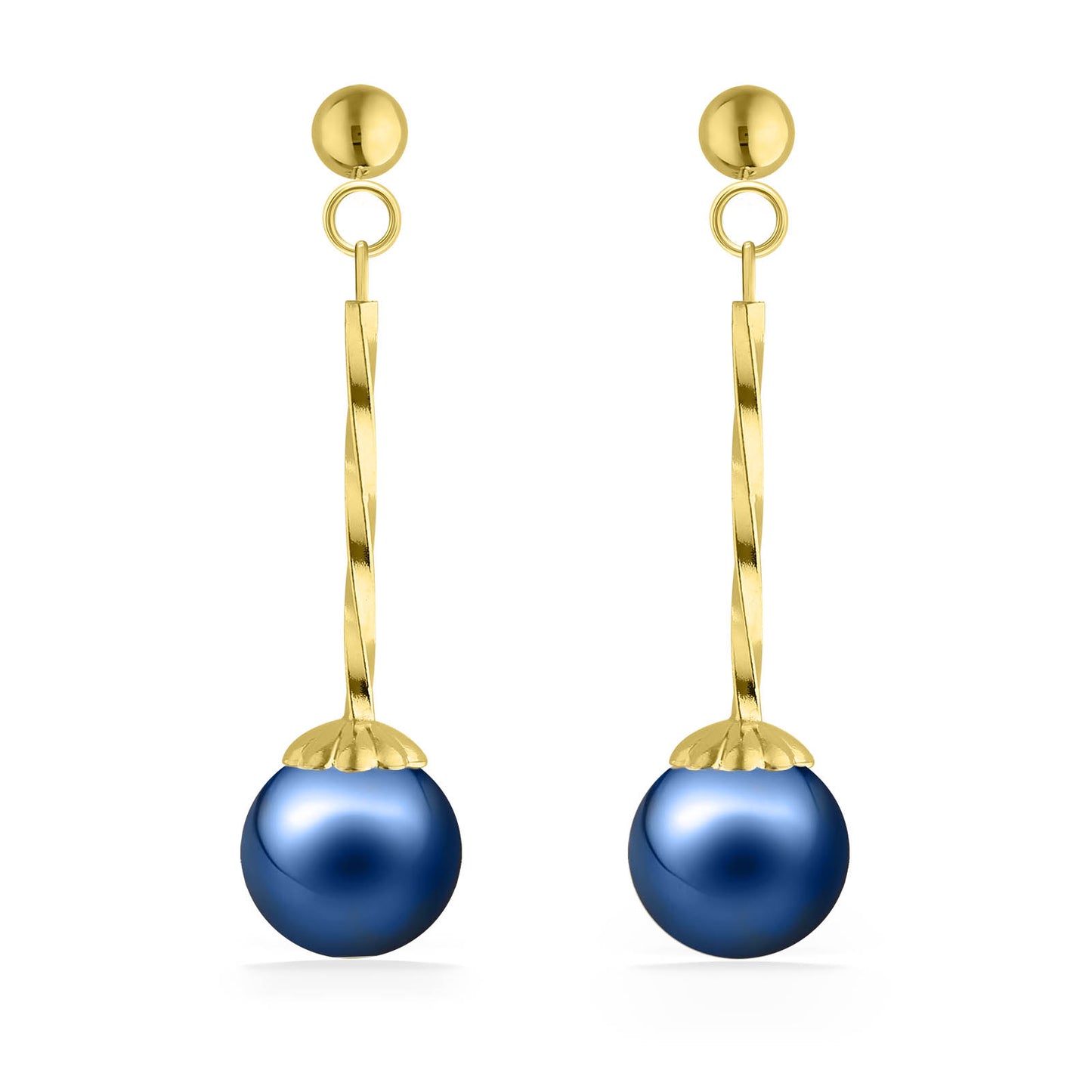 Matching pair of yellow gold twisted drop earrings with blue Akoya pearls, shown in symmetrical front view. Item No. 17654