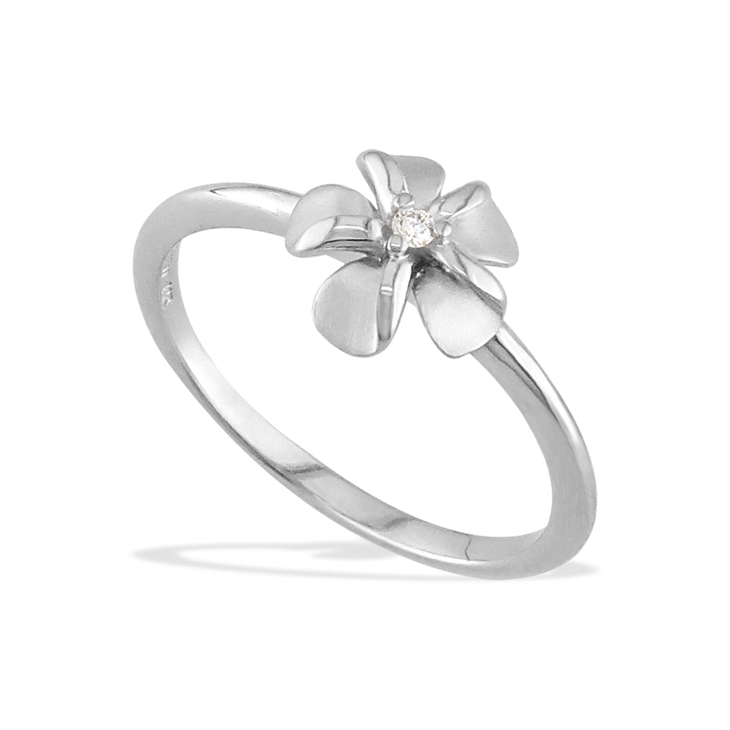 White gold plumeria flower ring with a sparkling diamond center, inspired by Hawaiian elegance. Item No. 19662