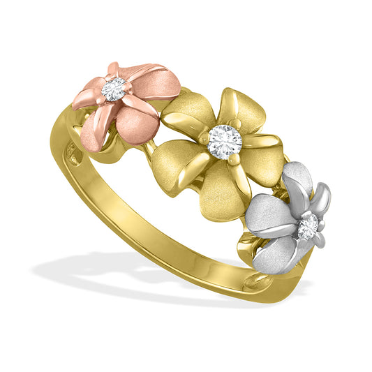 19664 - 14K Rose Gold, 14K White Gold and 14K Yellow Gold - Tri-Color Three Plumeria Ring