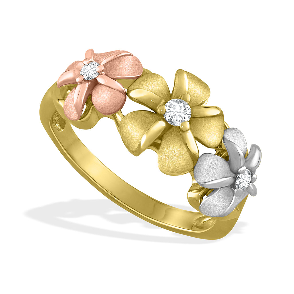 Yellow gold ring with 3 plumeria flowers in 14k yellow, 14k white & 14k rose gold, each with center diamonds. Item No. 19664