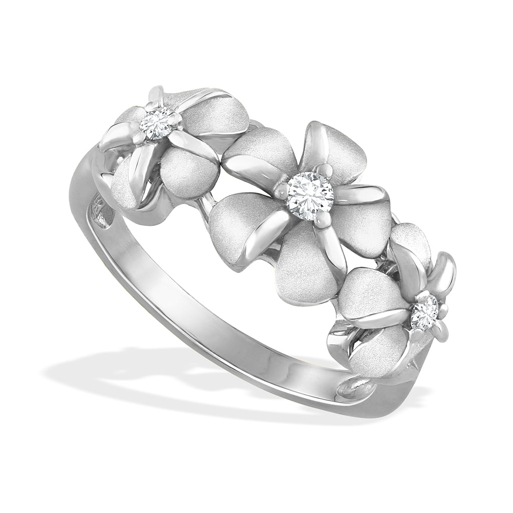 Plumeria ring in white gold featuring three plumerias with diamond accents & polished textured petals. Item No. 19669