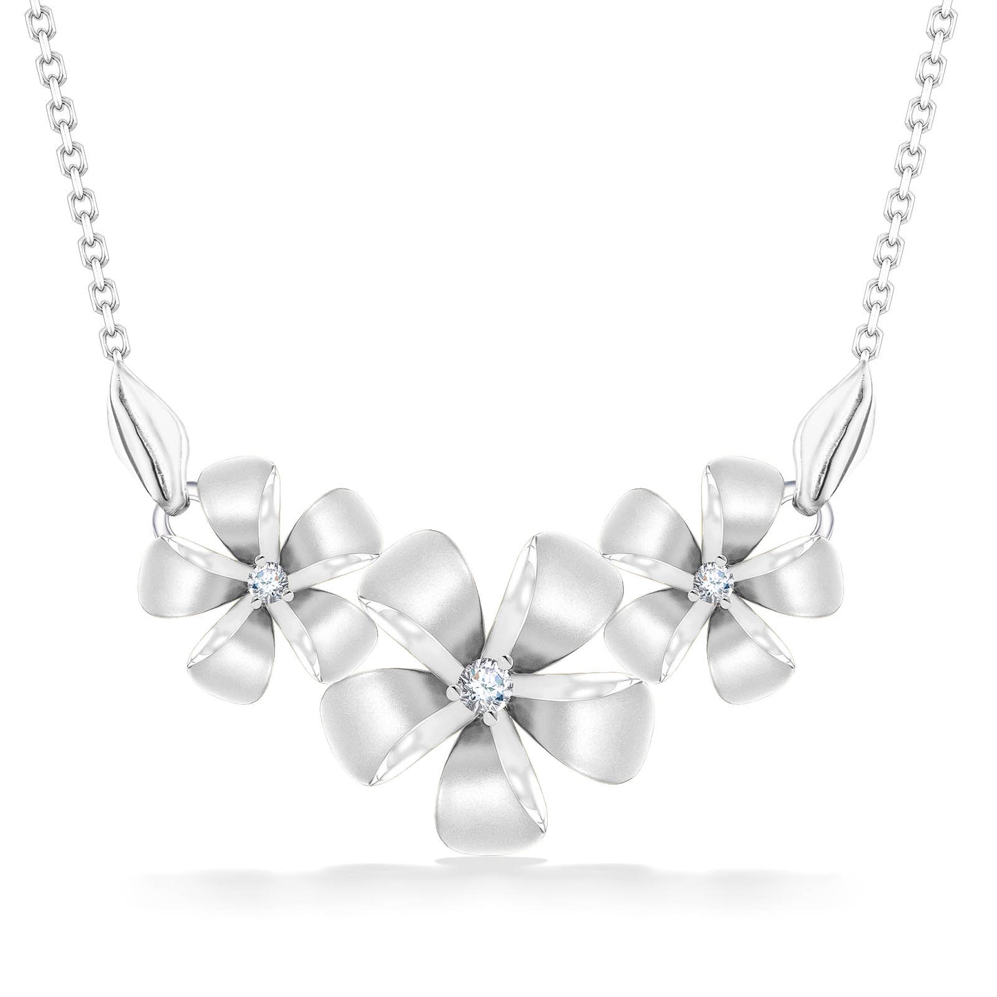 Elegant white gold plumeria necklace with sparkling diamonds & sleek, sculpted petals, featuring leaf accents. Item No. 19674