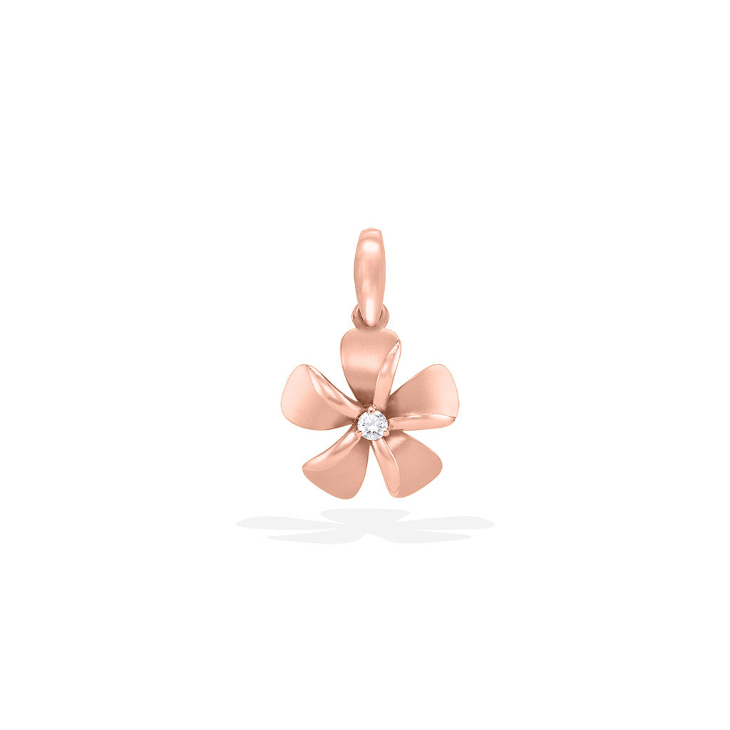 Plumeria pendant in rose gold with brushed petals, shiny inner edges leading to center diamond. Item No. 19691