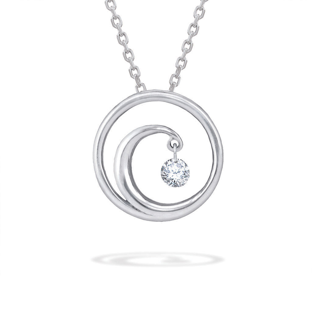 White gold wave pendant with curved spiral frame and suspended round shimmer diamond on a fine chain. Item No. 19719