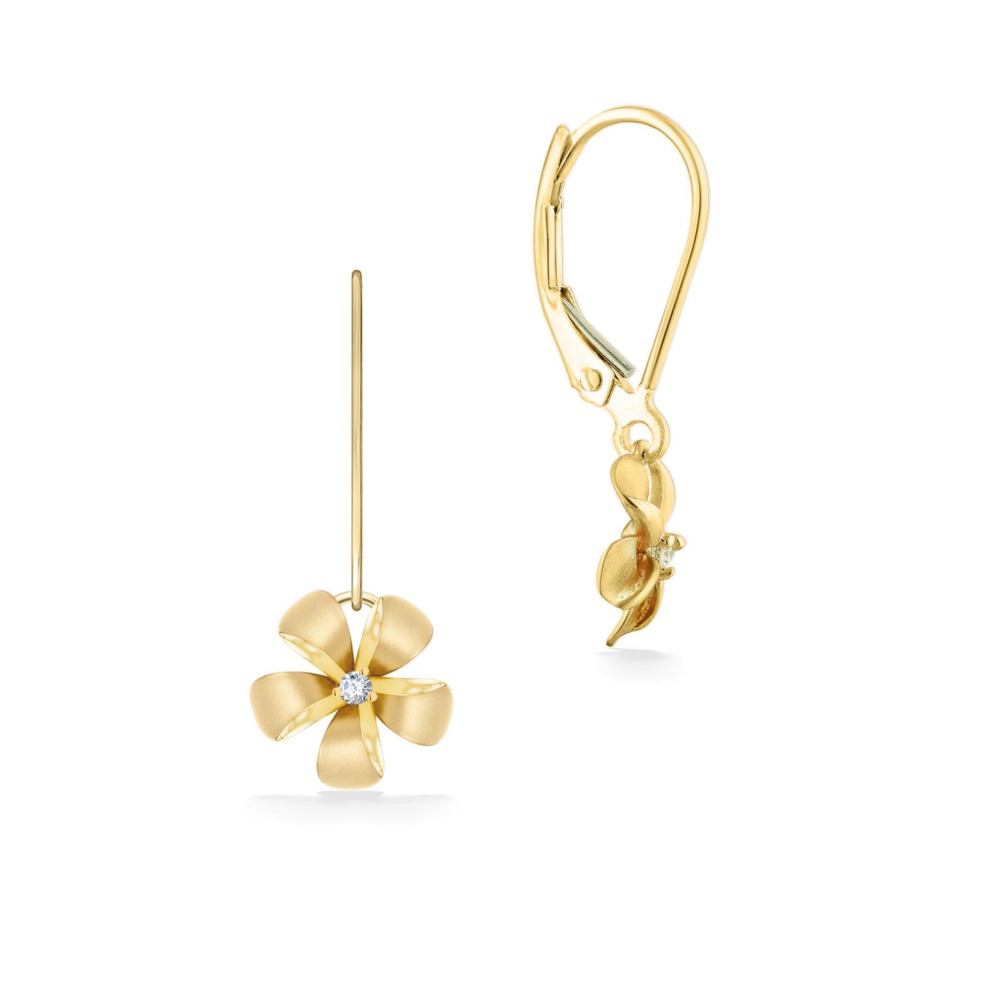 Side and front view of 9mm yellow gold plumeria earrings with diamonds and secure leverback clasps. Item No. 19720