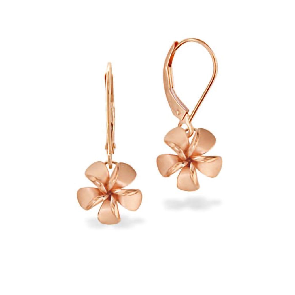 Polished rose gold plumeria earrings with leverback clasps, 10mm Hawaiian-inspired fine accessory. Item No. 19728