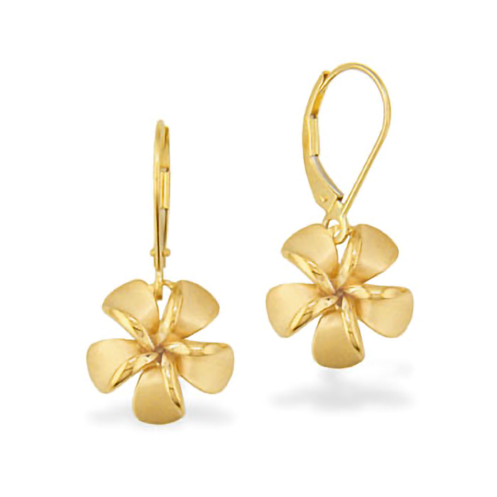 Large 13mm yellow gold plumeria earrings with leverback clasp, Hawaiian floral statement jewelry. Item No. 19729