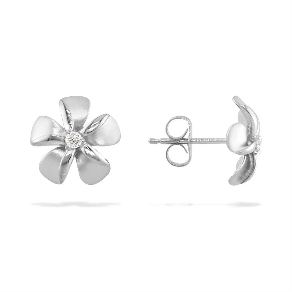 Diamond-accented 14k white gold 11mm plumeria stud earrings, showing front and side of the secure backings. Item No. 19733