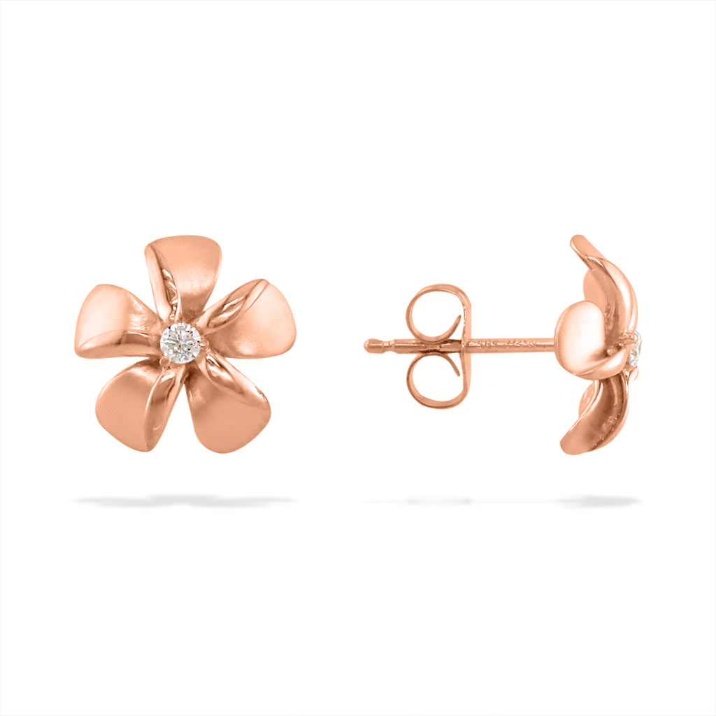 Classic plumeria stud earrings in rose gold with center diamonds, showing front & side view of post & earnut. Item No. 19734