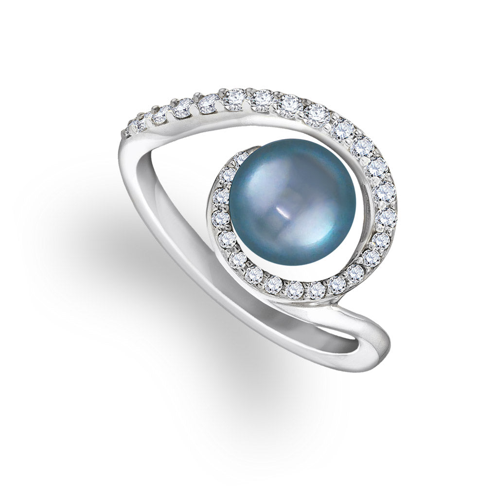 White gold swirl ring with a blue Akoya pearl encircled by a halo of sparkling diamonds. Item No. 19596