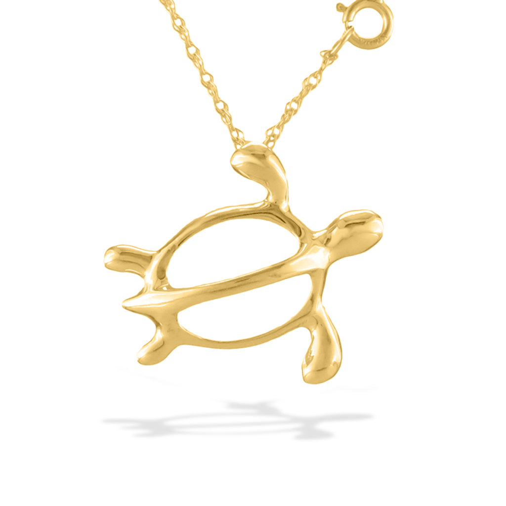 Yellow gold honu (sea turtle) polished pendant displayed on a matching yellow gold chain. Item No. 18741