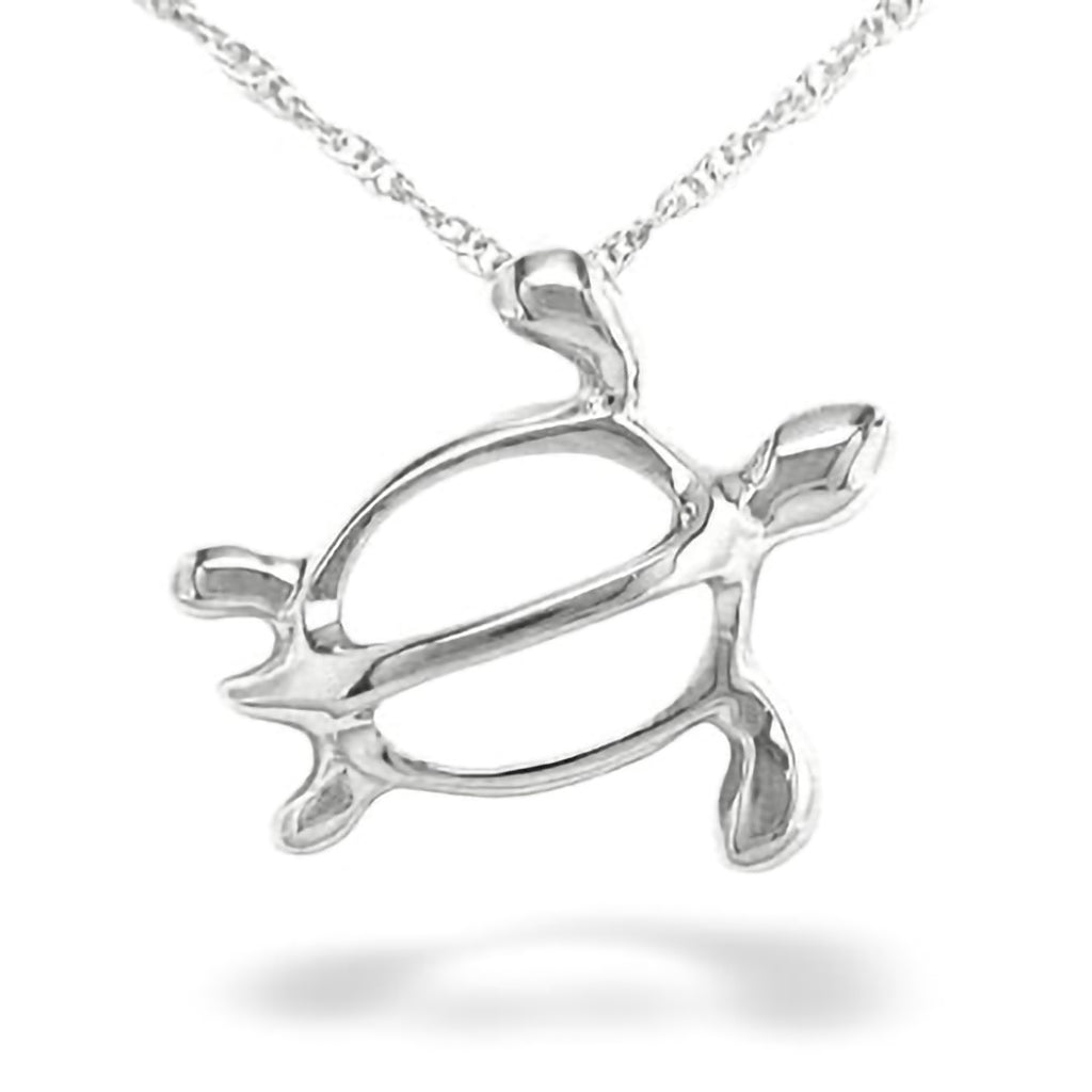 Polished 14k white gold honu (sea turtle) pendant with openwork design, shown on a delicate chain. Item No. 18754