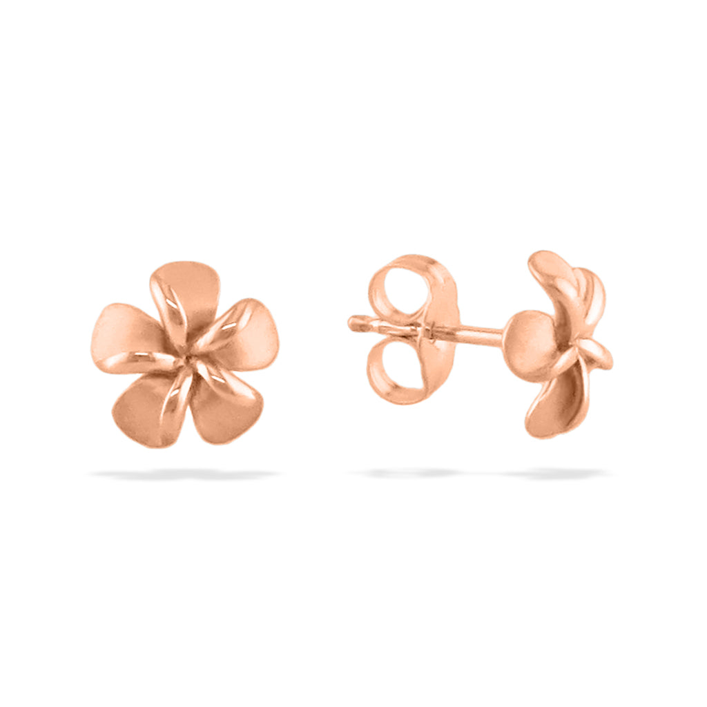 Rose gold plumeria studs in 14K white gold brushed petals & shiny edges 5/16" width. Right side shows earnuts. Item No. 19746