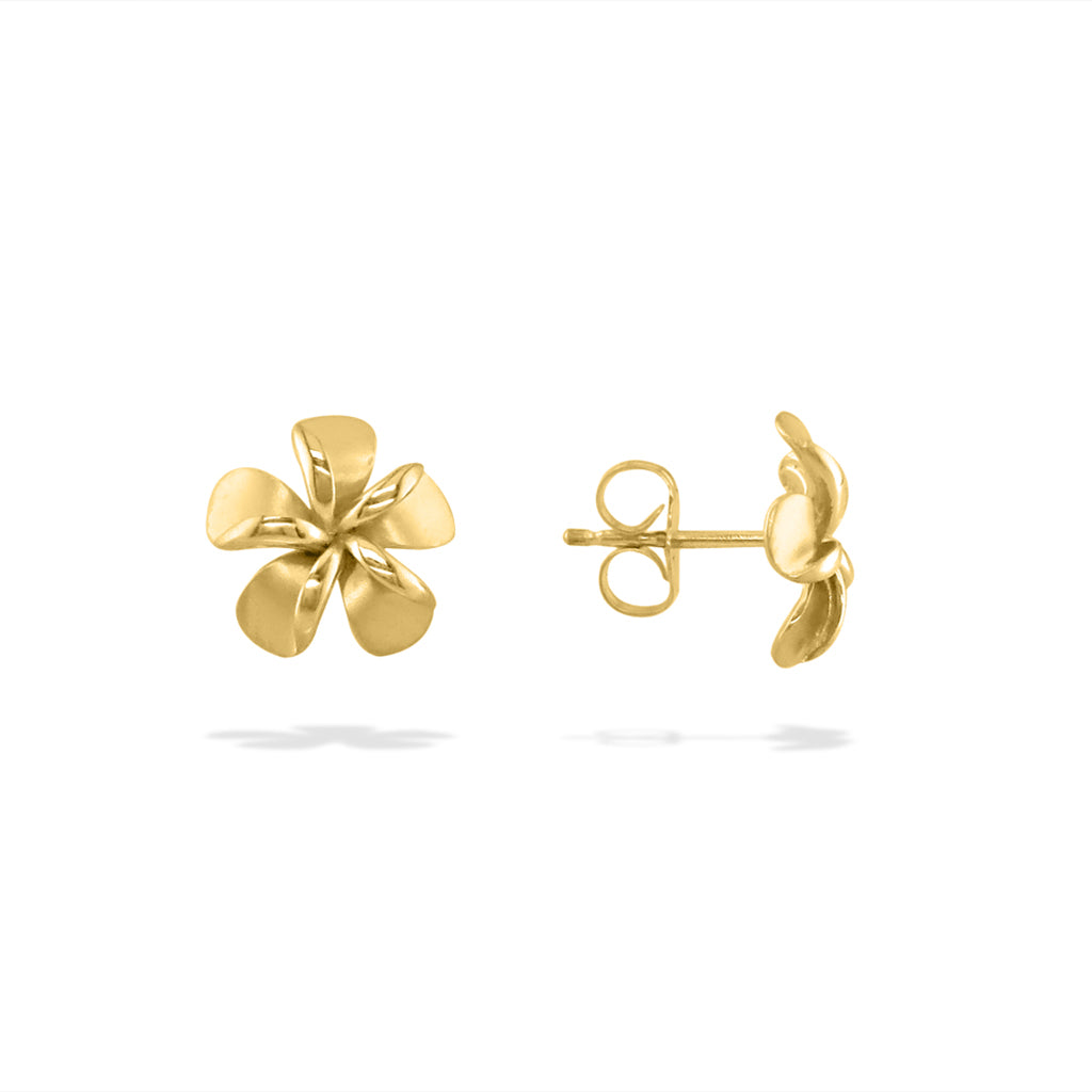 Yellow gold plumeria earrings in 10mm size shown front and side, polished stud with secure backing. Item No. 19747