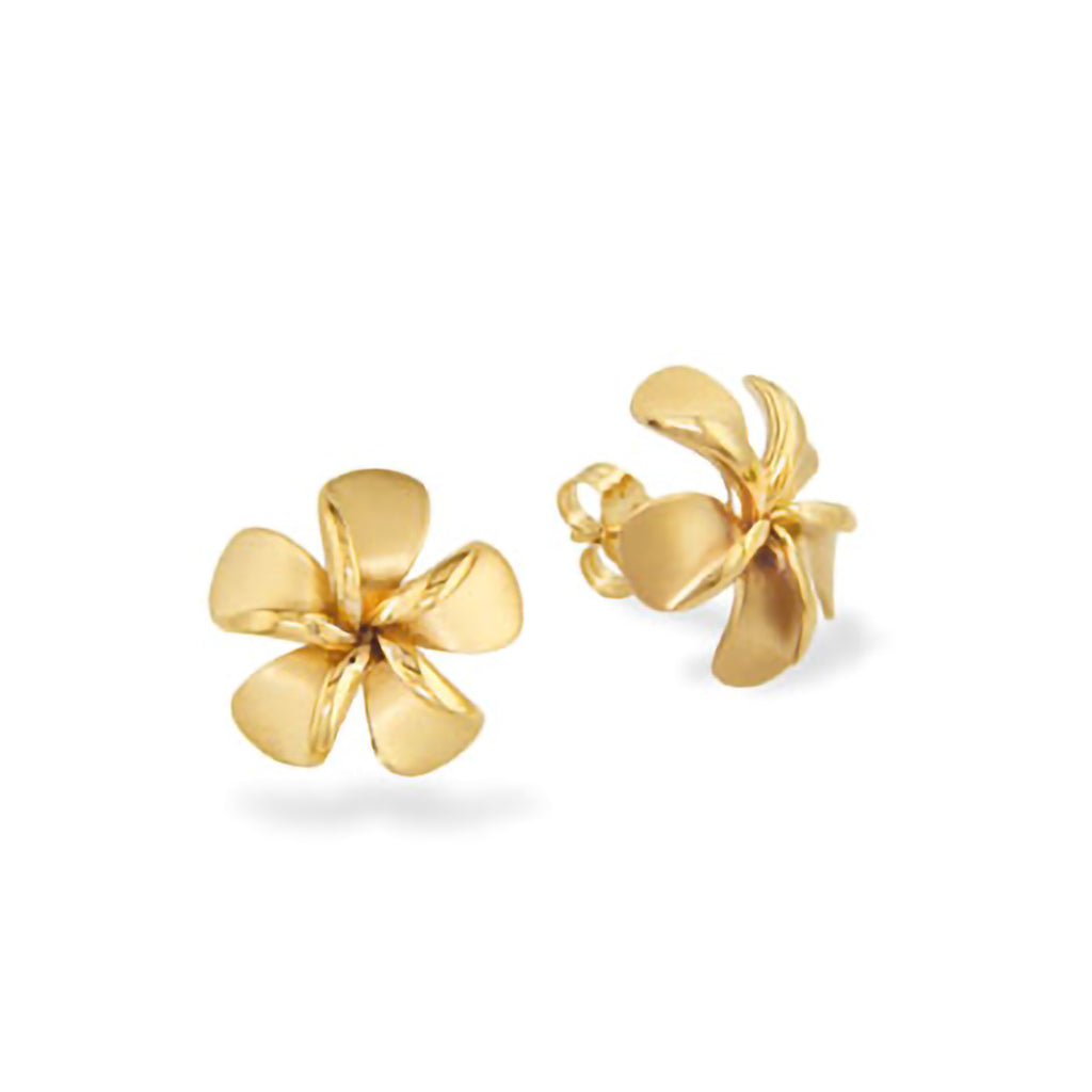 Larger 13mm yellow gold plumeria earrings displayed front and profile, radiant floral stud design. Item No. 19750