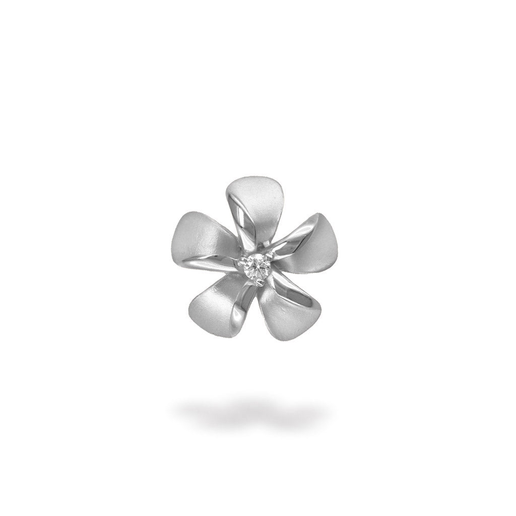 Plumeria slide 15mm pendant in white gold with softly curved petals and a sparkling diamond centerpiece. Item No. 19763