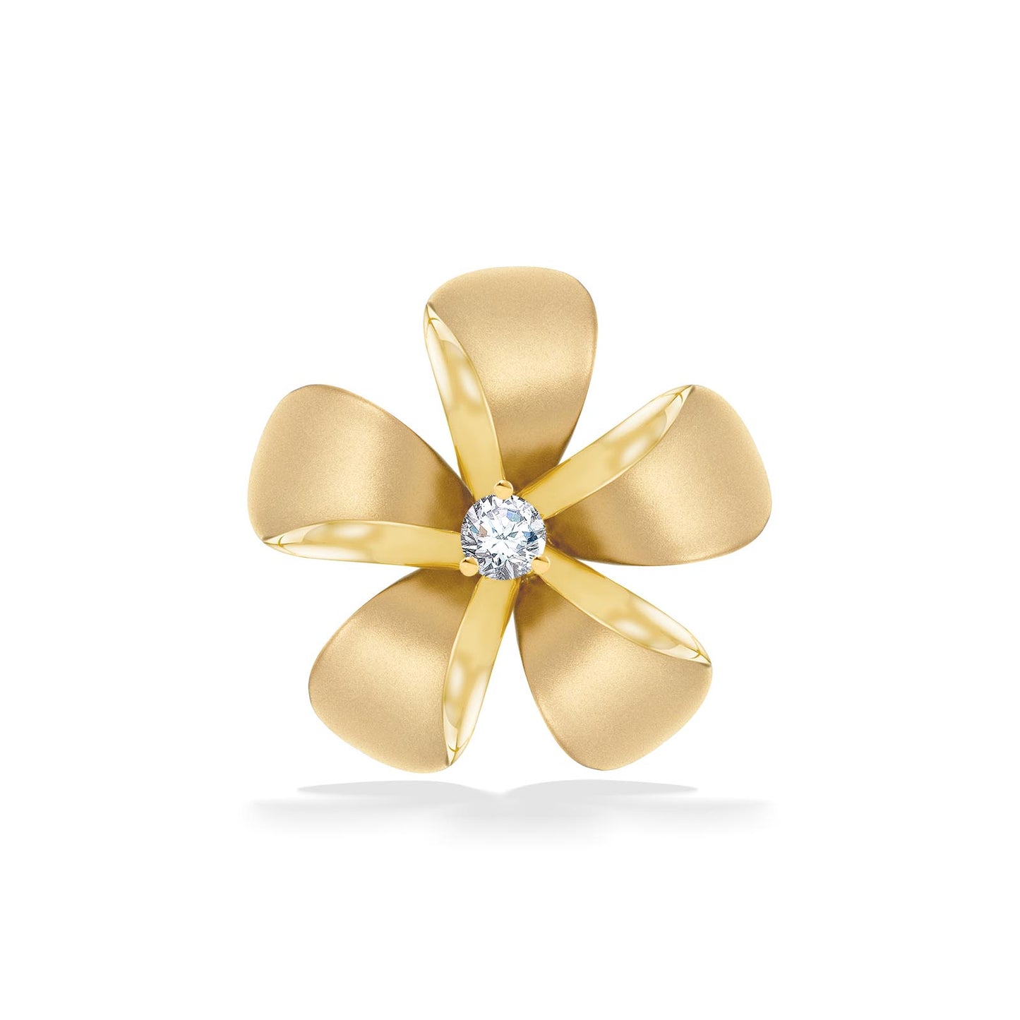 Large 19mm plumeria slide pendant made in 14k yellow gold with a shiny diamond center. Item No. 19768