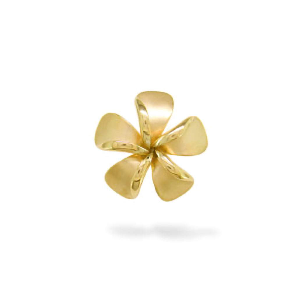 Large plumeria slide pendant with matte petals and smooth edges, made in 14k yellow gold. Item No. 19777