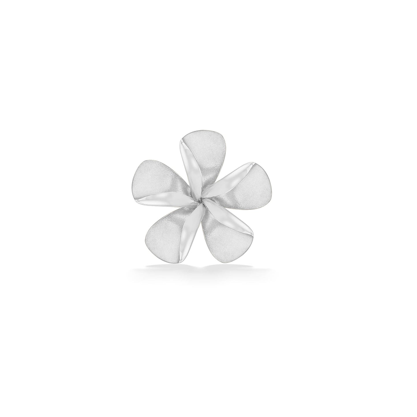 White gold plumeria slide pendant measuring 15mm with matte & polished sculpted petals. Item No. 19781