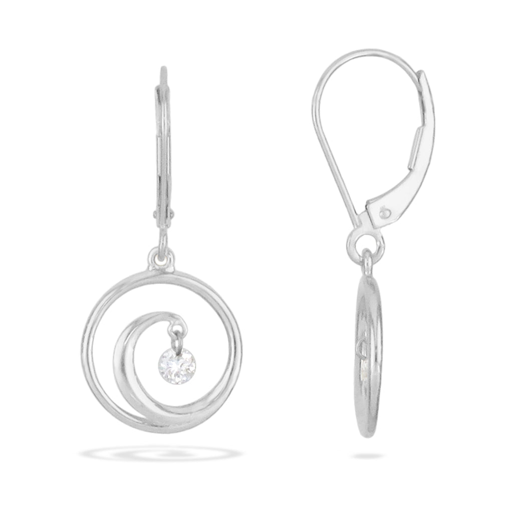 White gold wave earrings featuring a swirl drop & hanging shimmer diamond, displayed flat and in profile view. Item No. 19784
