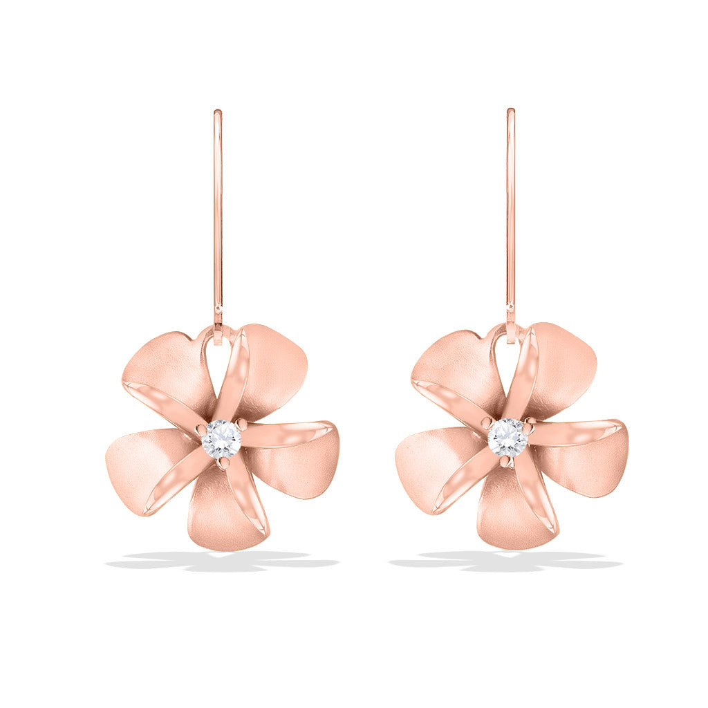 Rose gold plumeria drop earrings with 11mm diamond-centered flowers and smooth curved leverbacks. Item No. 19805