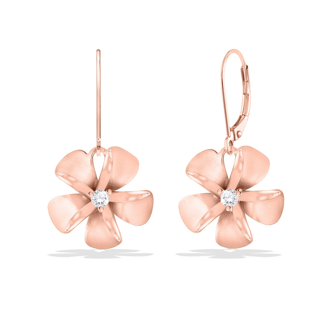 Plumeria earrings made in 14k rose gold with diamond centers and leverback clasps featuring textured petals. Item No. 19805