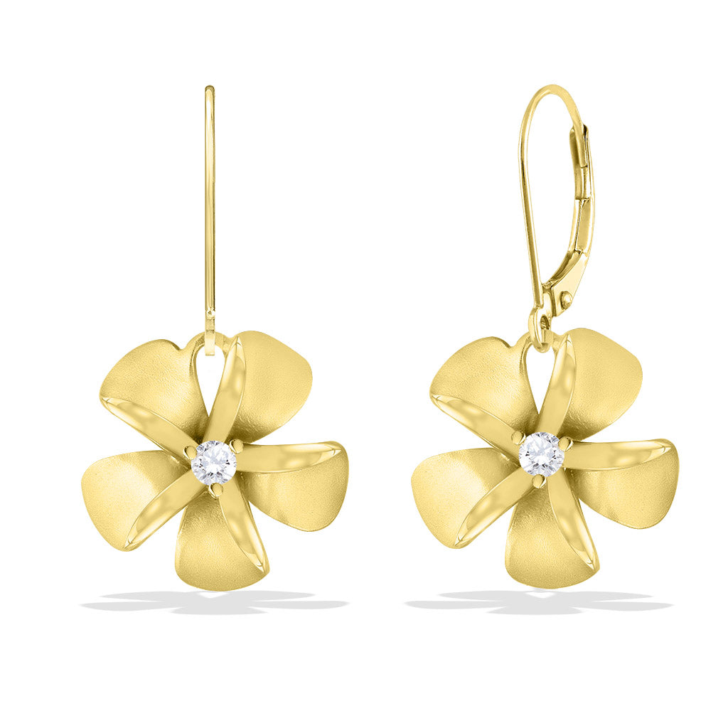 Large 13mm yellow gold plumeria earrings with diamond centers and secure hinged leverback clasps. Item No. 19824