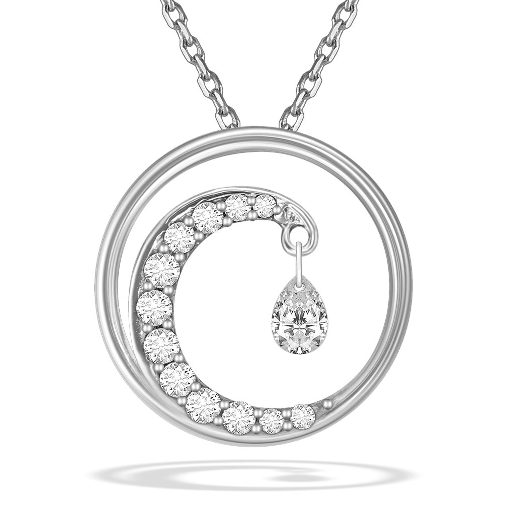 Large white gold wave-designed pendant with shimmer swirl and pear-shaped shimmer drop in bold circle design. Item No. 19882