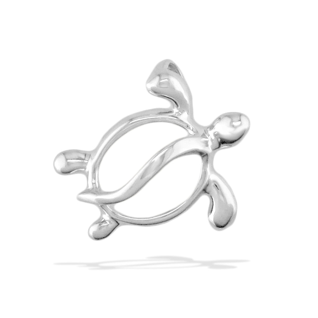 Delicate small honu pendant made in 14k white gold made in a petroglyph-style inspired design. Item No. 19893