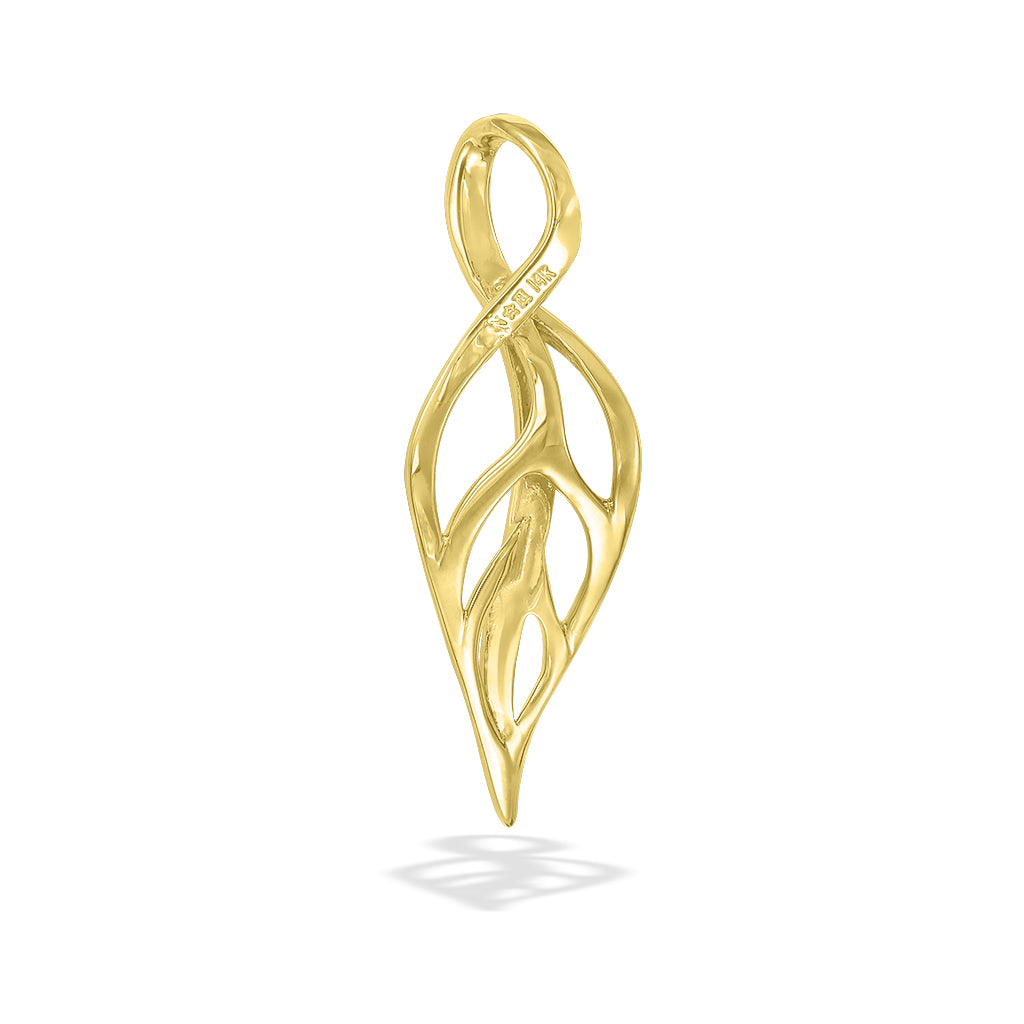 Graceful 14K yellow gold Maile leaf pendant with flowing openwork design, measuring 1 1/16 inches long. Item No. 19911